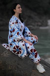 Casual And Relaxed Occasions Suzani Embroidered White Handwoven Women's Cotton Jacket & Pant Cord <b>Set</b> With Pocket & Flare Sleeve - Product Image 3