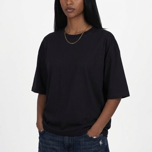 T-shirt à manches courtes col rond noir surdimensionné pour femme, coupe ample, jersey 100% coton, couleur unie, toutes saisons, vêtements décontractés - Product Image 1