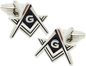 Regalia maçonniques - Boutons de manchette franc-maçon. Tons argentés avec émail noir, symbole maçonnique de carré et de compas découpé - Product Image 1