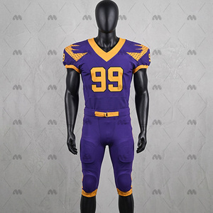 Ensemble d'uniformes de football américain personnalisés, violet et or, maillot et pantalon sublimés, coupe ajustée pour homme, évacuation de l'humidité, toutes saisons, vêtements d'équipe - Product Image 1