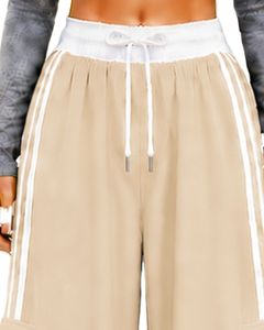 Pantalon de jogging cargo beige à jambes larges pour femme, taille haute, avec cordon de serrage, poches latérales, style streetwear décontracté, coupe ample - Product Image 5