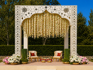 Mandap con temática de espejos en tendencia para bodas fusionales, decoración de mandap con espejos estilo Mehrab de primera calidad, conjunto de telón de fondo de escenario para bodas de alta gama - Product Image 4
