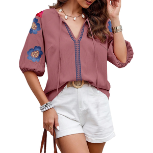 Chemise à col boutonné à encolure en V, manches froncées, texture texturée, pour femmes, toucher doux, en mousseline de soie, 100% coton, couche extérieure transparente, décontractée, pour le bureau - Product Image 3