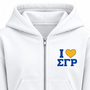 Sudadera con capucha blanca para mujer con cremallera y bordado gráfico 'I Love SGRho', chaqueta de forro polar de hermandad griega, ropa personalizada de la vida universitaria griega, regalo. - Product Image 2