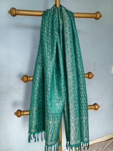 Turquoise <b>Women</b> Silk Jacquard Prayer <b>Shawl</b> with Woven Paisley Border and Tassels - Product Image 3