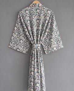 Robe kimono pour femme à col en V, imprimée, moderne, 100% coton, manches trois quarts, robe midi ample avec ceinture, vêtements décontractés pour toutes les saisons - Product Image 3