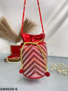 Sac Potli Rouge Bohème à Fermeture Magnétique, Broderie Géométrique, Détail Pompon, Lin de Luxe, Sac à Main pour Femme pour Mariage et Soirée GW4106-6 - Product Image 5