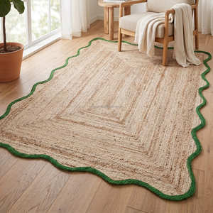 Alfombra rectangular de yute trenzado de 120 × 180 cm con borde festoneado negro para mesa de centro y rincón de lectura - Product Image 2