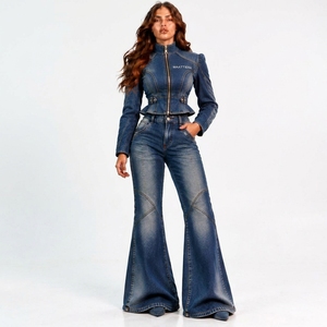 <b>Womens</b> <b>Blue</b> Denim Two Piece Set Fitted Zip Jacket High Waist Flared <b>Jeans</b> Custom Wholesale Fashion Apparel - Product Image 1