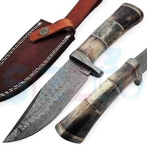 Couteau de chasse Bowie à lame fixe en acier Damas fait main, avec poignée en cuir et étui en cuir, cadeau idéal - Product Image 5