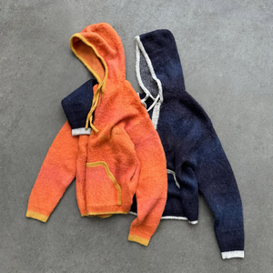 Custom OEM Fuzzy Mohair Zip Hoodie Oversized Boxy Fit Knitted <b>Cardigan</b> with Contrast Trim Streetwear <b>Men's</b> Knitted Sweater - Product Image 2