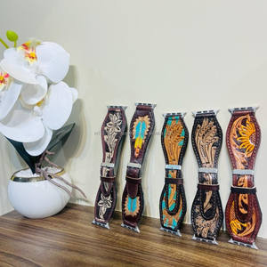 Nouveau design personnalisé bracelet de montre en cuir peint usiné à motifs floraux occidentaux bracelet de montre en cuir véritable sculpté bracelet de montre de remplacement Boho - Product Image 3