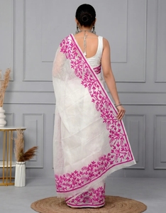 Sari Reversible de Algodón Kota Doria con Estampado Floral Bordado para Mujer, Sin Arrugas, con Blusa Sin Coser (Blanco) - Product Image 5
