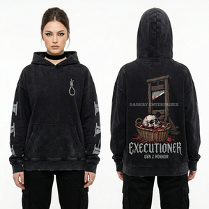Sweat-shirt à capuche noir délavé à l'acide avec motif d'horreur, impression guillotine personnalisée, streetwear vieilli, gothique punk, pull-over pour femme - Product Image 1