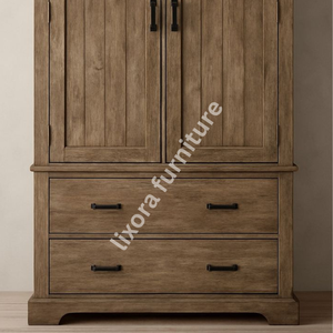 Modern Farmhouse Solid Wood 2 Door <b>Wardrobe</b> with 2 Lower Drawers Rustic Oak Finish Storage Armoire - Product Image 4
