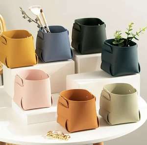 Boîte de rangement moderne en cuir PU marron avec fermeture à boucle, panier organisateur portable pour plantes, cosmétiques, stylos, clés, papeterie - Product Image 2