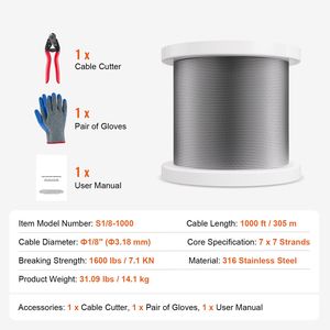 Kit Cavo in Acciaio Inossidabile 316 da 1/8'' x 316 m, Resistenza alla Rottura 1600 Libbre, 7x7 Fili, per Costruzioni, con Tagliacavi Incluso - Product Image 3