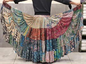 Falda de seda estilo sari para mujer, amplia, acampanada, bohemia, con patchwork, hasta el tobillo, transpirable, con grandes capas redondas, para danza del vientre - Product Image 3
