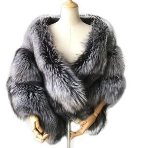 Poncho en fausse fourrure de renard authentique pour femme, chaud pour l'hiver, manches longues, couleur unie, col mandarin - Product Image 1