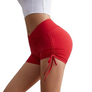 Shorts de sport pour femmes, taille haute, en tricot, spandex, polyester, séchage rapide, coupe ajustée, couleur unie, avec décoration en rubans - Product Image 1