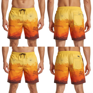Shorts de bain pour hommes de qualité supérieure, inspirés du coucher de soleil, à séchage rapide, avec graphismes numériques artistiques, construction légère pour la plage et les activités aquatiques. - Product Image 4