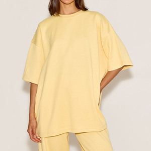 Camiseta Holgada de Cuello Redondo para Mujer, Color Amarillo Sólido, Manga Corta, 100% Algodón Jersey, Transpirable, Ropa Casual de Primavera/Verano - Product Image 1