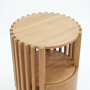 Solid Teak Wood Round Side <b>Table</b> With <b>Drawer</b> Slatted Cylinder Nightstand Minimalist Bedroom Furniture For Hotel - Product Image 2