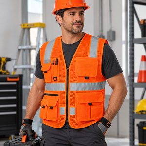 Chaleco de Seguridad Reflectante de Alta Visibilidad Naranja para Hombre, con Múltiples Bolsillos y Cierre Frontal, Ropa de Trabajo con Logotipo Personalizado - Product Image 2