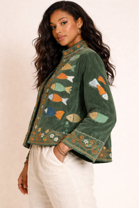 Chaqueta Sujani de terciopelo de algodón bordada a mano para mujer, diseño de pez, estilo bohemio, étnico, vintage, proveedor mayorista personalizado - Product Image 3