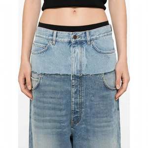 Jean baggy droit double couche pour femme, bleu clair, en denim double, déstructuré, avec logo personnalisé sur le devant - Product Image 6