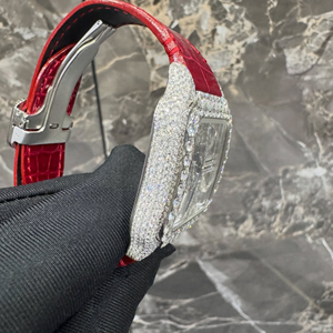 Montre à cadran squelette avec diamants Moissanite taille ronde, bracelet en caoutchouc rouge, montre Hip Hop personnalisée, mode pour hommes - Product Image 4