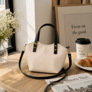 Elegant <b>Mini</b> Leather Tote <b>Bag</b> for Women with Detachable Strap | Two Tone Crossbody Shoulder Handbag Stylish Daily Use Purse - Product Image 3