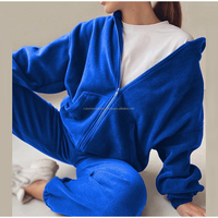 Ensemble de survêtement pour femme, 100% coton, avec poignets côtelés, deux pièces, toutes saisons, élégant, uni, coupe oversize, chaud, à capuche et boutonné