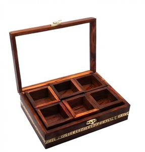 Boîte à épices rectangulaire en bois de qualité supérieure avec 6 compartiments, couvercle transparent, fabrication artisanale, organisateur de rangement rustique pour la cuisine - Product Image 1