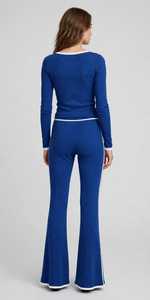 <b>Women's</b> Blue Ribbed Knit Long Sleeve Top And Flared Pants Set With <b>White</b> Contrast Trim - Product Image 3
