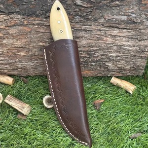 Custom Handmade Camping Hunting <b>Knife</b> with Drop Point Blade Straight Edge Damascus Steel <b>Bone</b> <b>Handle</b> and Leather Sheath - Product Image 6