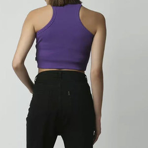 Women's Purple Sleeveless <b>Crop</b> <b>Top</b> O-Neck Knitted Solid Color Casual Spring Summer Slim Fit Spandex Cotton Blend - Product Image 2