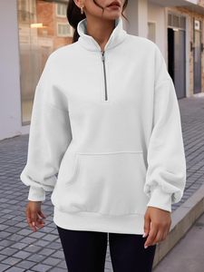<b>Women's</b> Oversized <b>Quarter</b>-<b>Zip</b> <b>Sweatshirt</b> Solid Gray Drop-Shoulder Pullover With Pockets Knitted Cotton Blend Autumn Wear - Product Image 2
