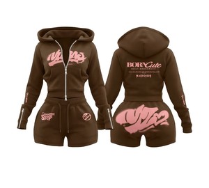 ชุดเซ็ตเสื้อฮู้ดดี้ทรงสกินนี่ปักลายพร้อมซิปยาวและกางเกงขาสั้น 2 ชิ้น สำหรับผู้หญิง ฤดูใบไม้ผลิ ฤดูร้อน ชุดลำลอง สไตล์ TAHAD พร้อมปักโลโก้ตามสั่ง - Product Image 1