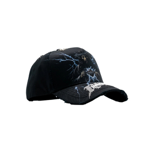 Black 6-Panel Baseball <b>Cap</b> With Lightning Jesus Print Distressed Ripped Design Unisex Cotton Street Style Hat Adjustable Fit - Product Image 2
