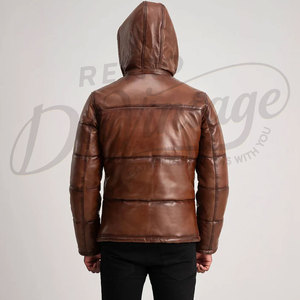 Chaqueta Premium para Hombre, Estilo Vintage, de Cuero Sintético Marrón Desgastado, Acolchada, con Capucha, para Invierno - Product Image 2
