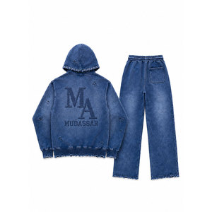 ชุดเซ็ตแทรคสูท Mudassar Acid Washed แต่งลูกปัด ผ้าฝ้ายผสมโพลีเอสเตอร์ เสื้อฮู้ดดี้ กางเกงจ็อกเกอร์ ทรงหลวม น้ำหนัก 380 กรัม สไตล์ลำลอง พิมพ์ลายโลโก้ด้วยเทคนิค Heat Transfer - Product Image 3