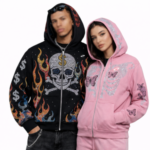 Sudadera con capucha de algodón polar con estampado de labios y gráfico de diamantes de imitación, estilo oversize, streetwear, diseño de marca privada - Product Image 6