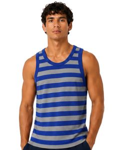 Camiseta sin mangas de algodón para hombre, a rayas azul y gris, informal, para verano, gimnasio, fitness, transpirable, holgada, estilo urbano - Product Image 1