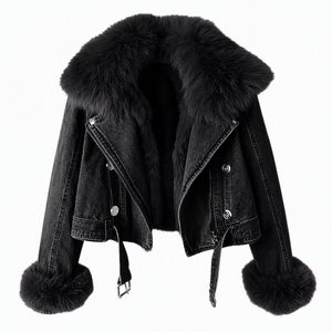 Blouson moto en jean noir pour femme avec col et poignets en fourrure de renard, fermeture éclair, coupe courte, pour l'hiver, doublure épaisse en fausse fourrure - Product Image 1