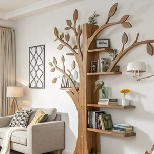Natural Oak Wood Tree Shaped Floor Standing Bookshelf Artistic Decorative Branch <b>Wall</b> Display Rack - Product Image 1