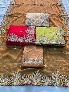 Sari de lino y seda premium con bordado floral y blusa de diseñador |   Sari Elegante para Bodas, Fiestas y Eventos para Mujer - Product Image 5