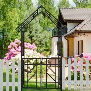 Arco da Giardino in Metallo Nero con Cancello 147,5 cm L x 247 cm H, Supporto per Piante Rampicanti, Traliccio per Rose da Esterno - Product Image 3