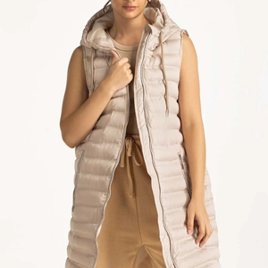 Chaleco Largo Acolchado Sin Mangas para Mujer, con Capucha, Cierre de Cremallera, Cortavientos, Informal, Color Beige Sólido - Product Image 5