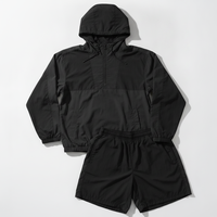 Conjunto de Chaqueta Cortavientos con Capucha Negra y Pantalones Cortos para Hombre, Diseño Personalizado, Bloques de Color en la Parte Delantera, Estilo Casual, Secado Rápido, Tejido de Poliéster, Otoño